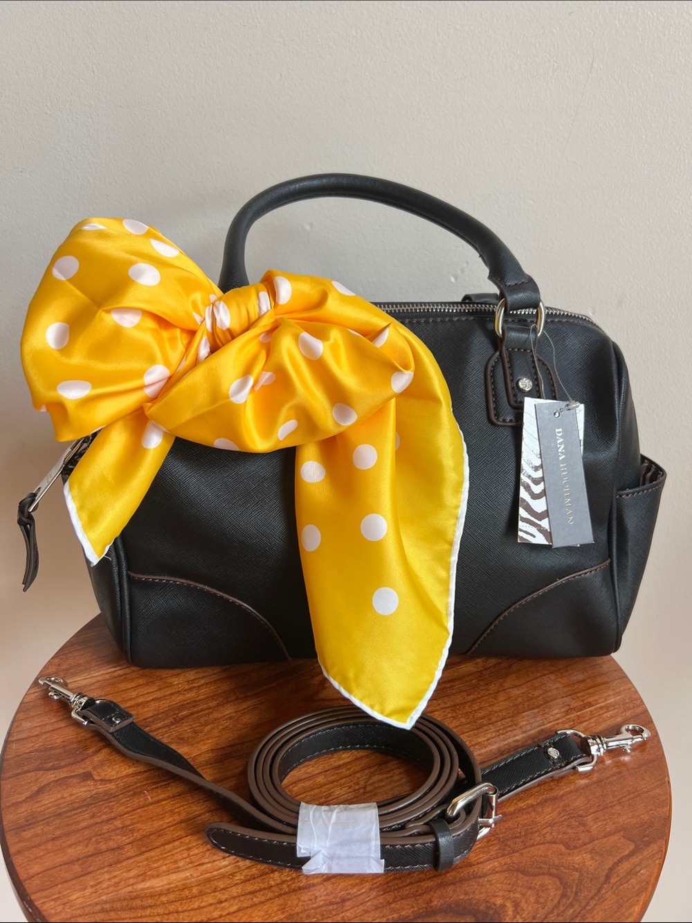Dana Buchman purse with polka dot scarf attached hand or shoulder bag strap